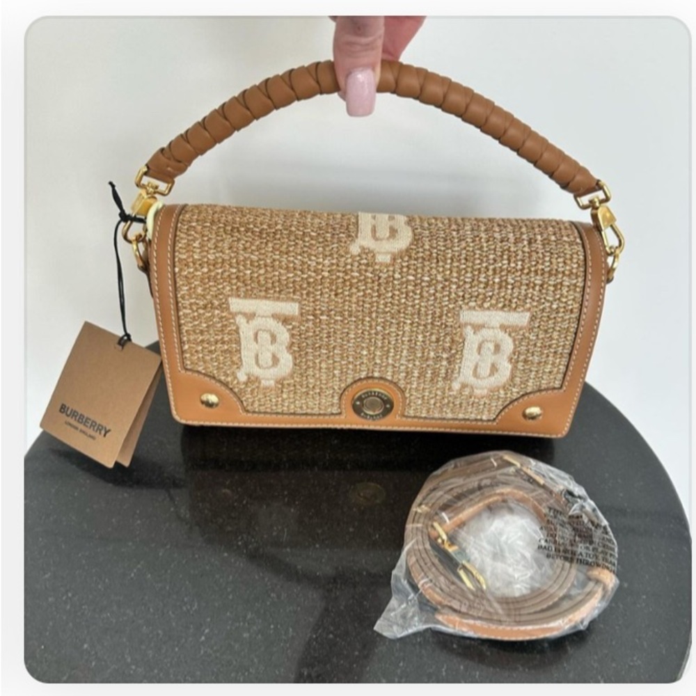 Burberry Small Note TB Raffia Shoulder Two-Way with Long Strap, BNWT